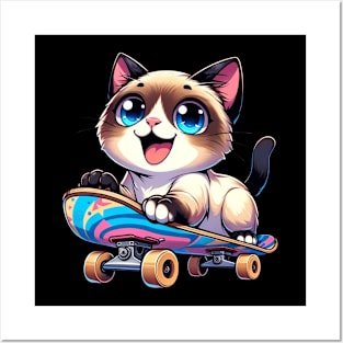 Skateboarding Siamese Kitten Skateboarder Cute Cat Posters and Art